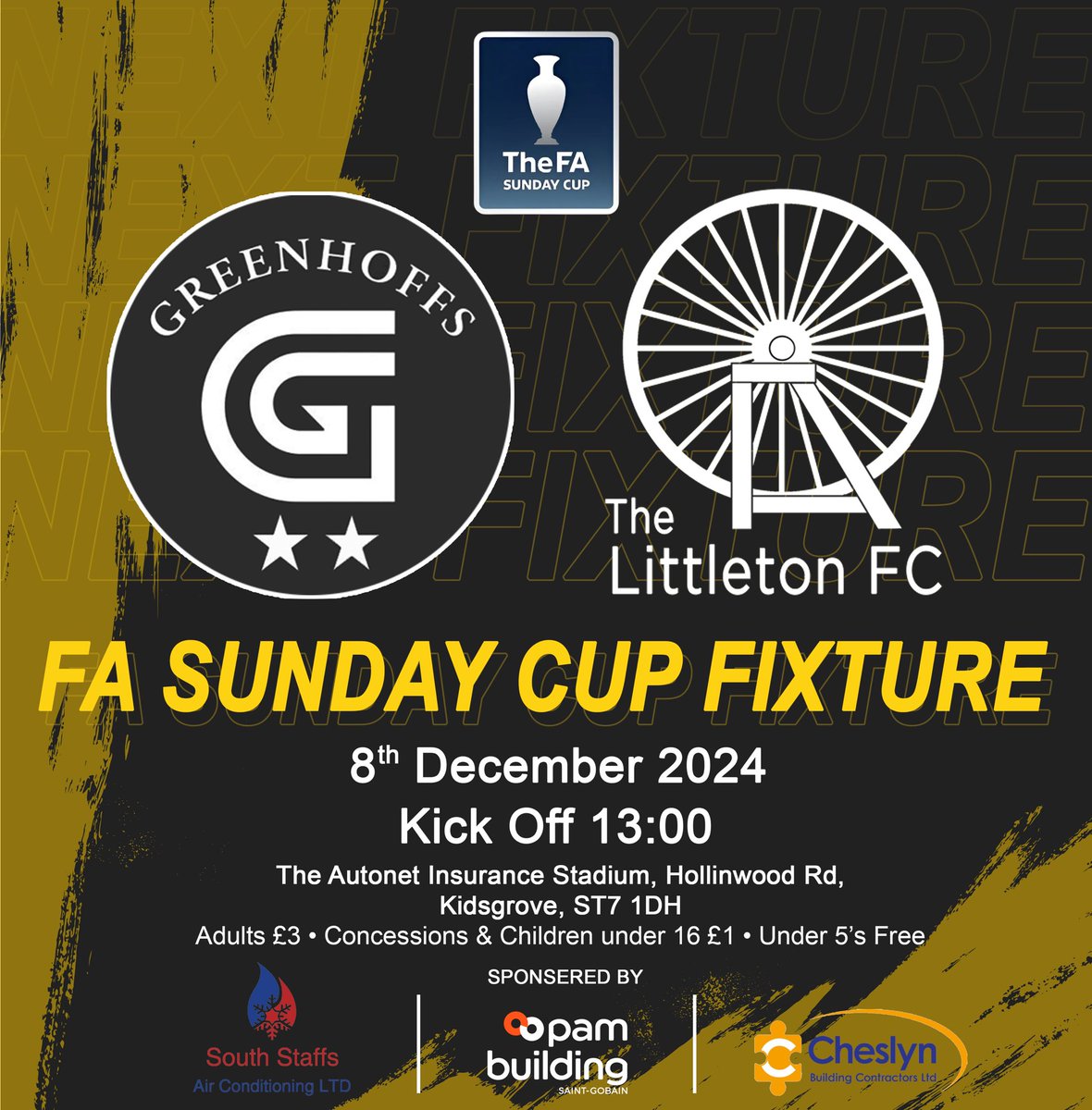 3RD ROUND FA SUNDAY CUP

Here are the details for our Nationals <a href="/FASunday_Cup/">FA Sunday Cup</a> 3rd round tie away to <a href="/GreenhoffsFC/">Greenhoffs FC</a>

#UPTHECOGGERS 🟡⚫️