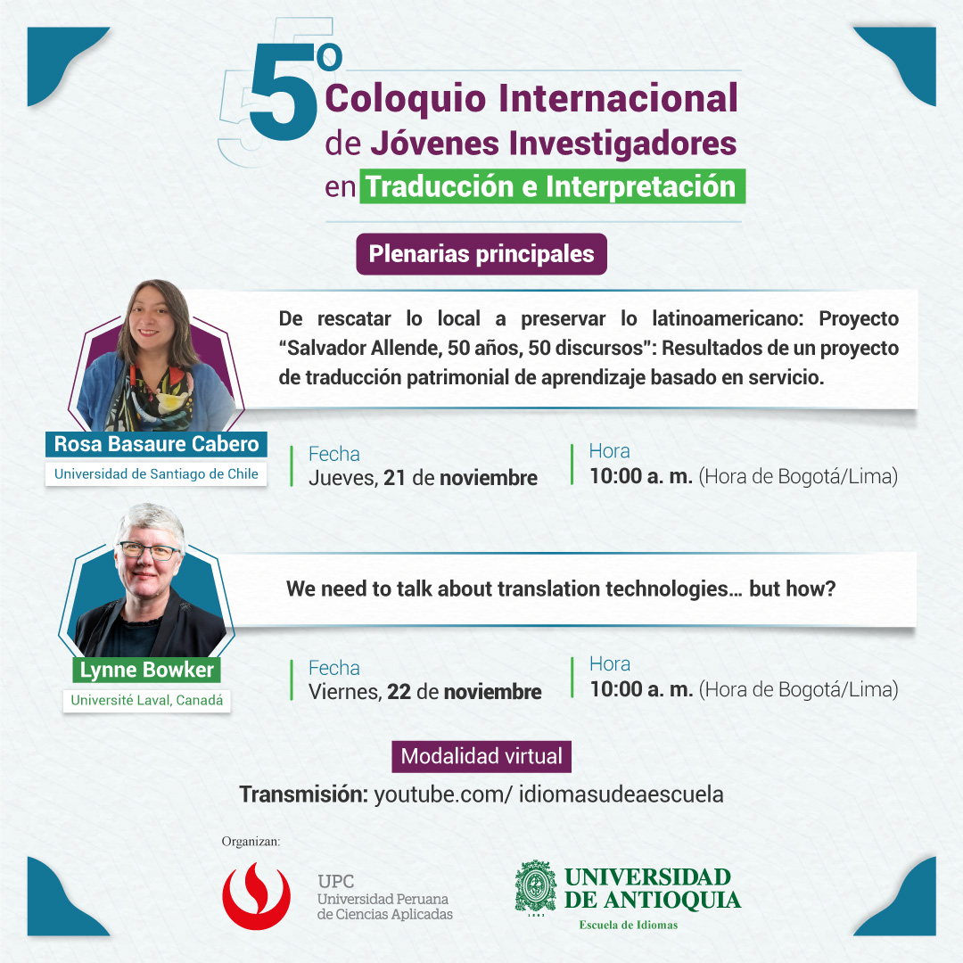 V Coloquio Internacional de Jóvenes Investigadores en Traducción e Interpretación.

🗓️21 y 22 de noviembre
🕙10:00 a. m. (hora Colombia)
🔗Modalidad: virtual
👉Más información: bit.ly/4fryXZ4

¡Te esperamos!

#EscuelaDeIdiomas #YoSoyUdeA