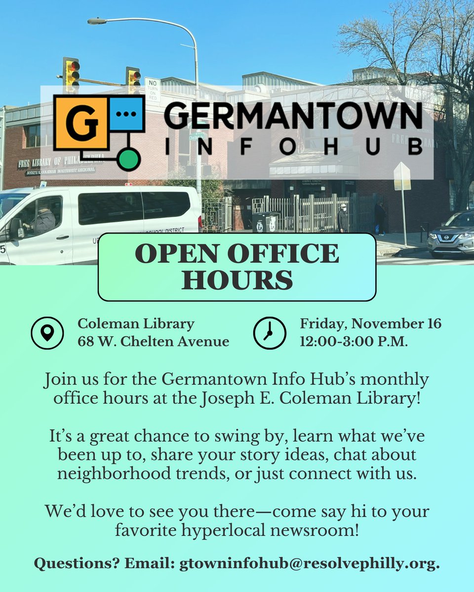 FrueanK's tweet image. This Friday, 12:00pm to 3:00pm, stop by and talk, hang out with me, brainstorm about what people power looks like, and more at the Germantown Info Hub Open Office Hours on the 2nd floor at the Joseph E. Coleman Northwest Regional Library at 68 W. Chelten Avenue in Germantown.