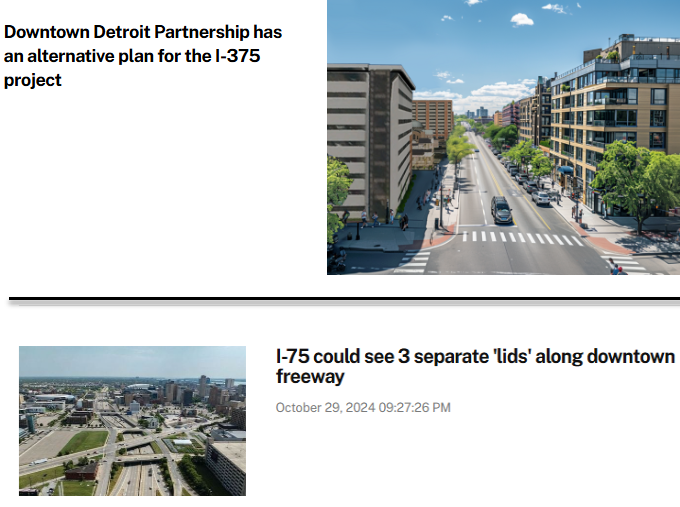LeightonGeoJr's tweet photo. The i375 rebuild is certain in one form or another. i75's eventual caps feel likely. How are these not being coordinated? For the sake of efficiency &amp; continuity? We already have great examples in 696's pedestrian plazas.  @DowntownDet @crainsdetroit @detroitnews @ChadLivengood https://t.co/gisSJ8uTHW