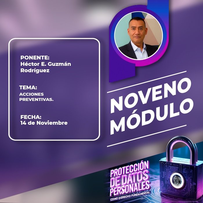 📍🔒 Este jueves 14 de noviembre el #IDAIP y la <a href="/UJED_Oficial/">Universidad Juárez del Estado de Durango</a> continúan con el noveno módulo del Diplomado en Protección de Datos Personales como Derecho Fundamental, a cargo de <a href="/HectorGuzmanMx/">Héctor Guzmán 🇲🇽🇪🇦🇪🇺</a> con el tema "Acciones Preventivas"
#DatosPersonales