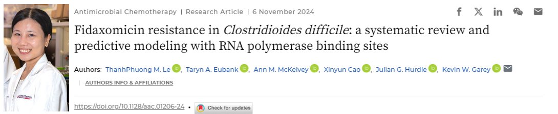 Check out Thanh Le's great systematic review &amp; predictive modeling of fidaxomicin resistance in C. difficile - published just in time for #cdiffawarenessmonth ⤵️
doi.org/10.1128/aac.01…