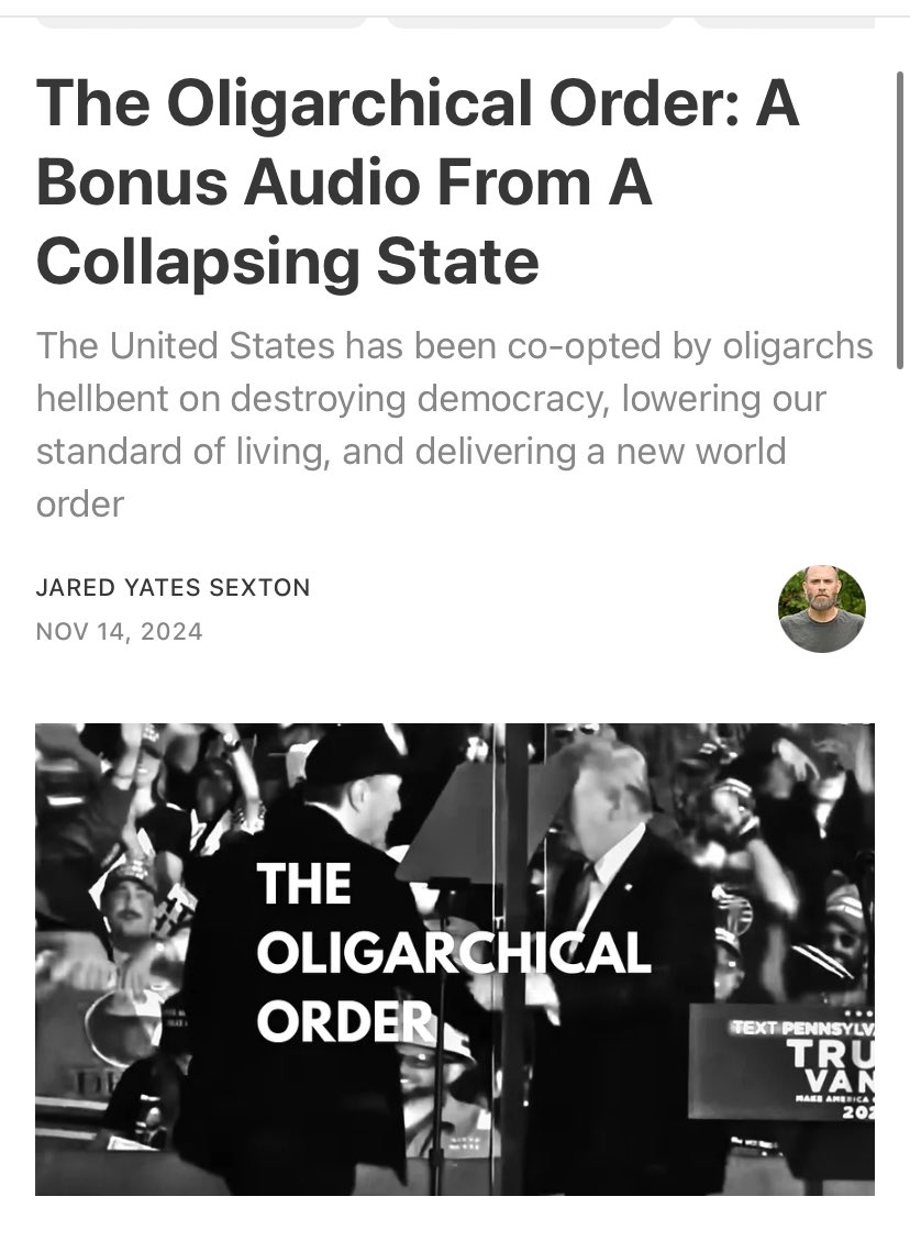 Jared Yates Sexton (@jysexton) on Twitter photo Trump is a figurehead. The GOP a proxy
What we’re dealing with an oligarchical power grab designed to align the US with authoritarian regimes, crush our economy, dismantle democracy, and create an exploited labor force under the thumb of the wealth class
jaredyatessexton.substack.com/p/the-oligarch… Trump is a figurehead. The GOP a proxy
What we’re dealing with an oligarchical power grab designed to align the US with authoritarian regimes, crush our economy, dismantle democracy, and create an exploited labor force under the thumb of the wealth class
jaredyatessexton.substack.com/p/the-oligarch…