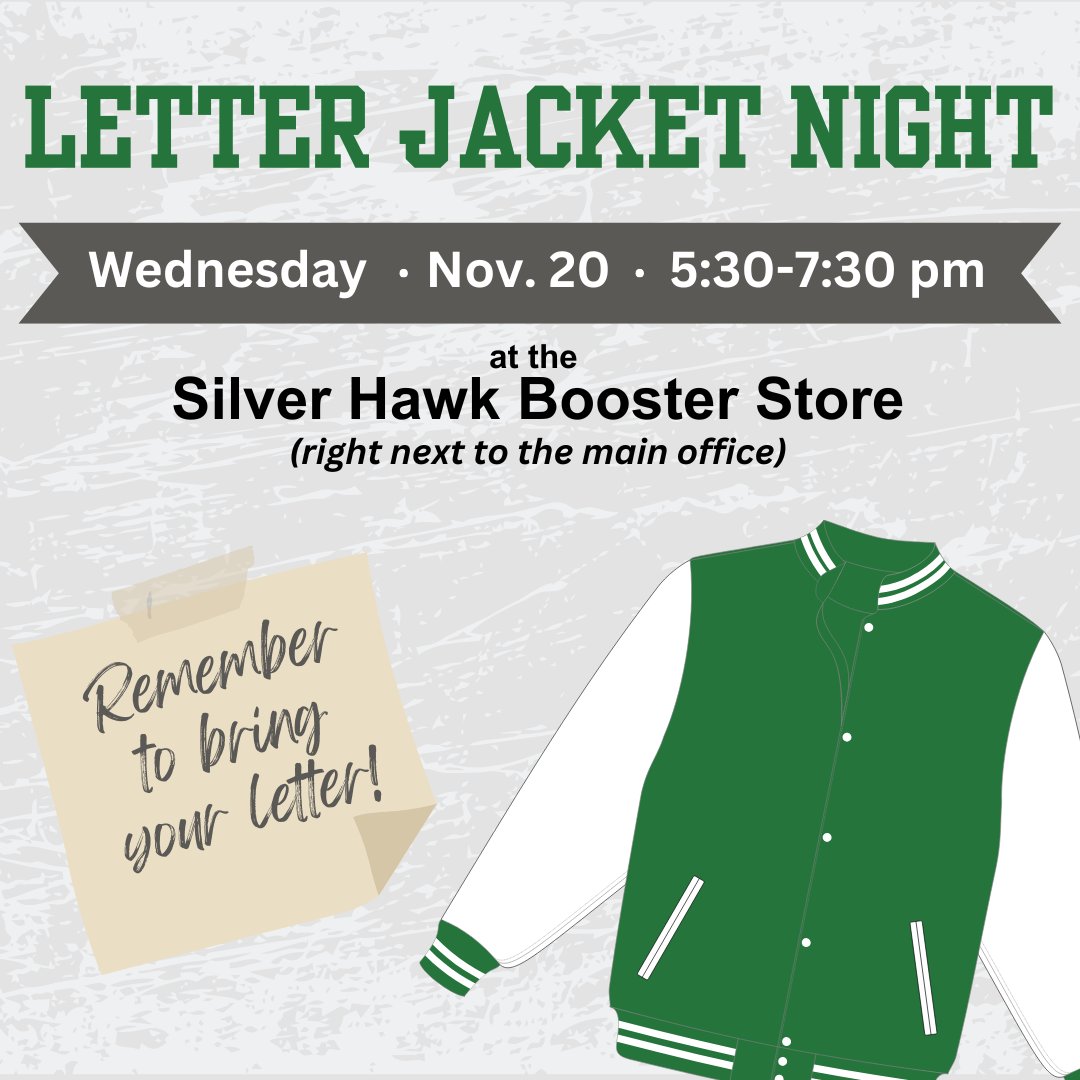 TOMORROW is our next letter jacket night! 

You can also shop the Booster Store that night to grab gear for holiday gifts or to cheer on our winter sport athletes.

More info on letter jackets is available at silverhawkbooster.com/letterjackets

See you there!

#LSW #LSWBoosters