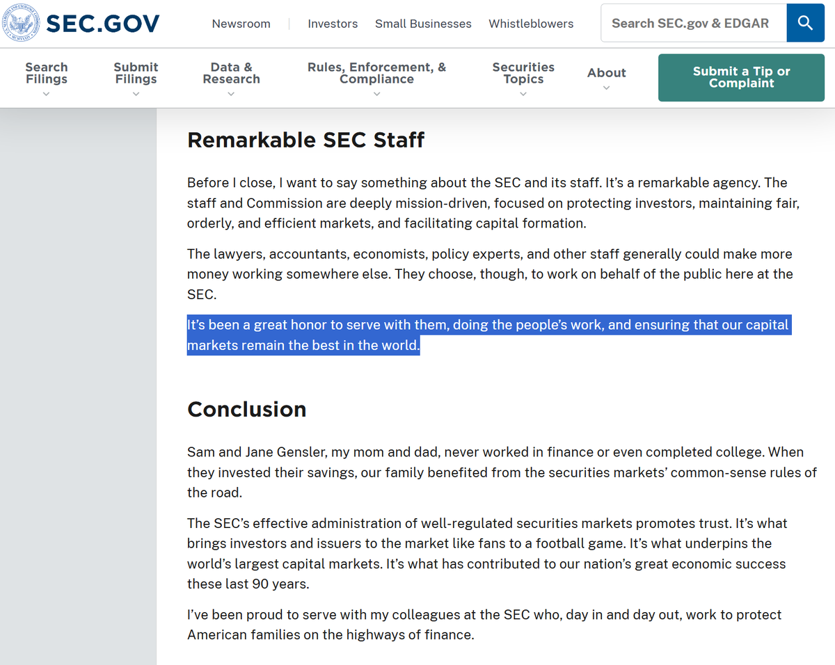 速報：米国証券取引委員会(SEC)の現議長であるゲーリーゲンスラーが今朝行ったスピーチで「SECで働けて光栄だった」と発言し首を示唆🤔  トランプ政権では退任が囁かれており、トランプ氏は就任後１日目に首にすると発言している #ビットコイン #仮想通貨 #暗号資産 #BTC ...