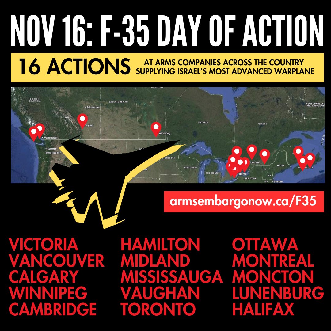 On Nov 16, join coast-to-coast action exposing Canada’s role in F-35 production—the same jets used in attacks on Gaza. It’s time to demand accountability: armsembargonow.ca/f35/