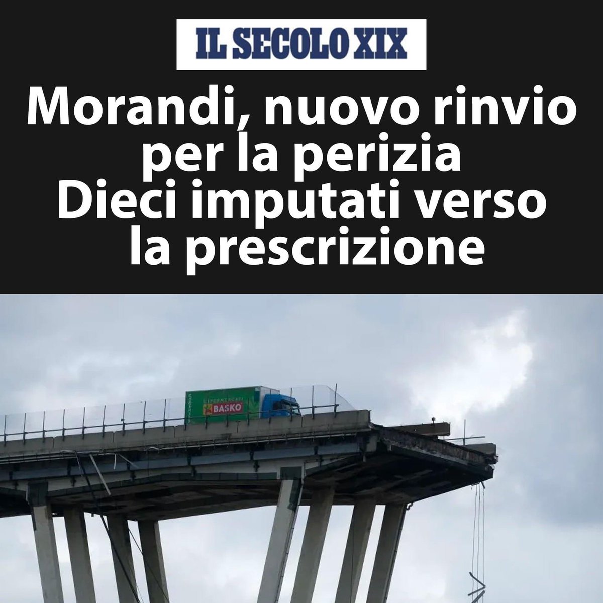 osserva_critico's tweet photo. Lo studio aggiuntivo sulle cause del crollo del Ponte Morandi (43 vittime il 14 agosto 2018), come riporta Il Secolo XIX, slitta di un mese. "Le udienze restano ferme: tempi sempre più lunghi. Il primo pm del caso è andato in pensione e la sentenza arriverà a 7 anni e mezzo dai fatti."