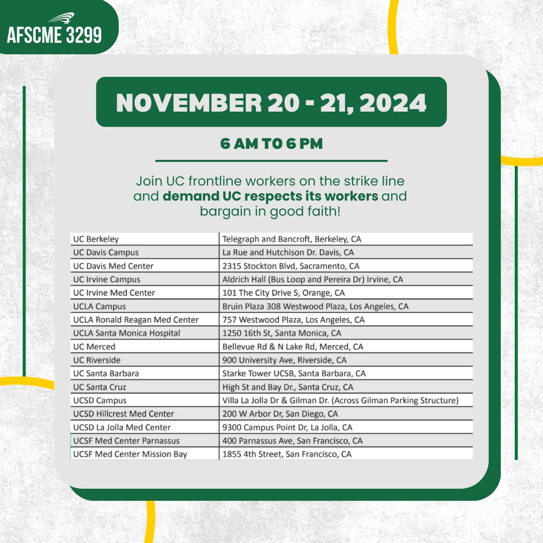 AFSCME Local 3299 (@afscme3299) on Twitter photo You don’t have to be a 3299 member to join us on the strike line! We hope to see you on Wednesday, Nov 20 and Thursday, Nov 21 at a UC campus near you. You don’t have to be a 3299 member to join us on the strike line! We hope to see you on Wednesday, Nov 20 and Thursday, Nov 21 at a UC campus near you.