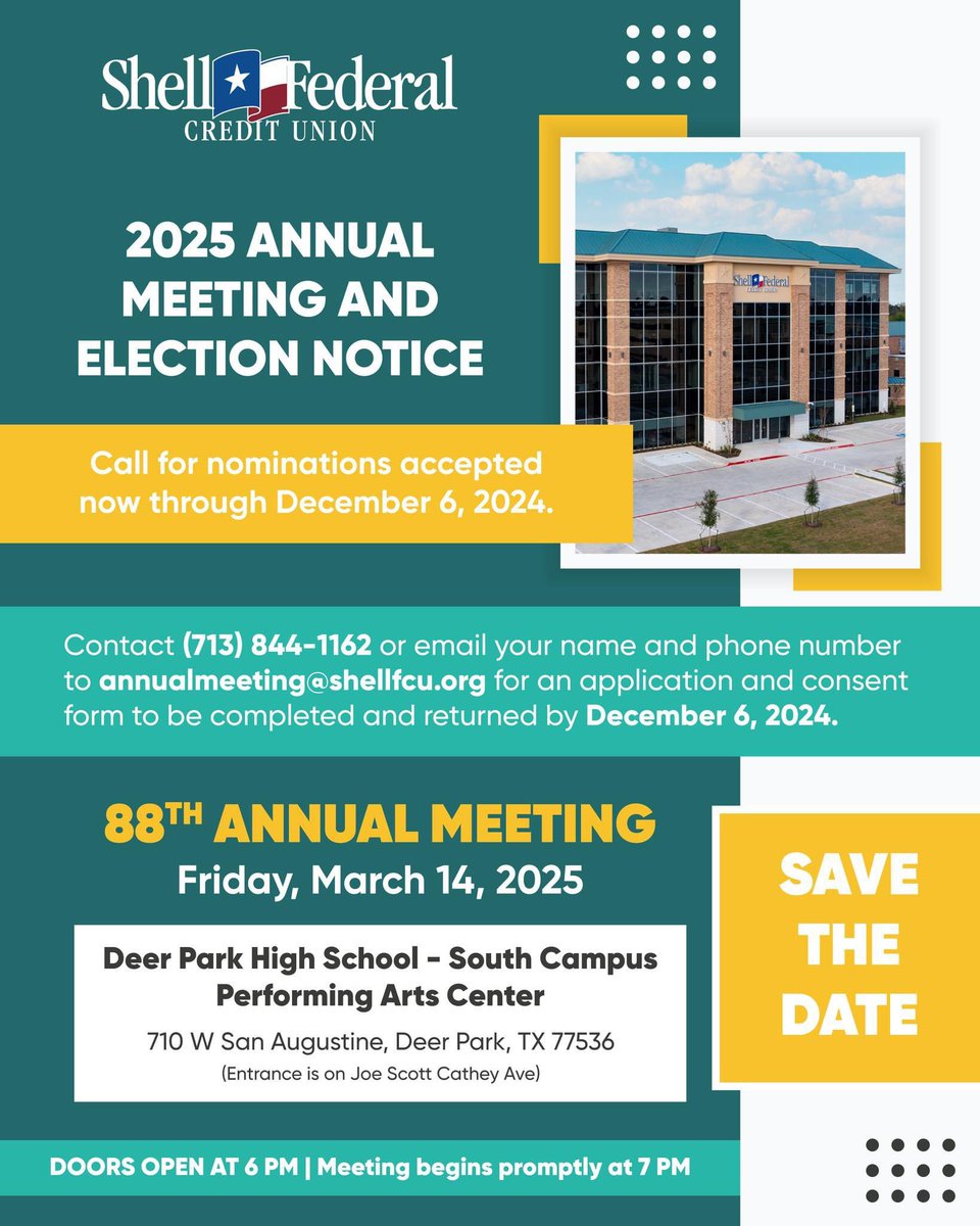 Save the date for our 88th Annual Meeting! 😀 #ShellFCU