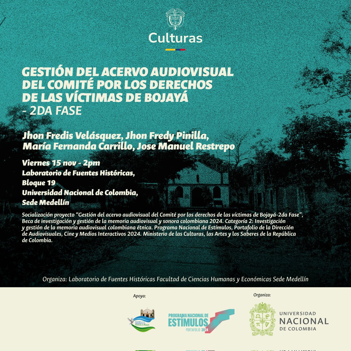 fche_unal's tweet photo. 🔝Acompáñanos este viernes 15 de noviembre en el Laboratorio de Fuentes Históricas para la presentación de los proyectos:

'Gestión del acervo del Comité por los derechos de las víctimas de Bojayá - 2da Fase' y 'Reparación audiovisual en Colombia (2010-2023)'. 

¡Te esperamos! ✨ https://t.co/RCuwcG11IJ