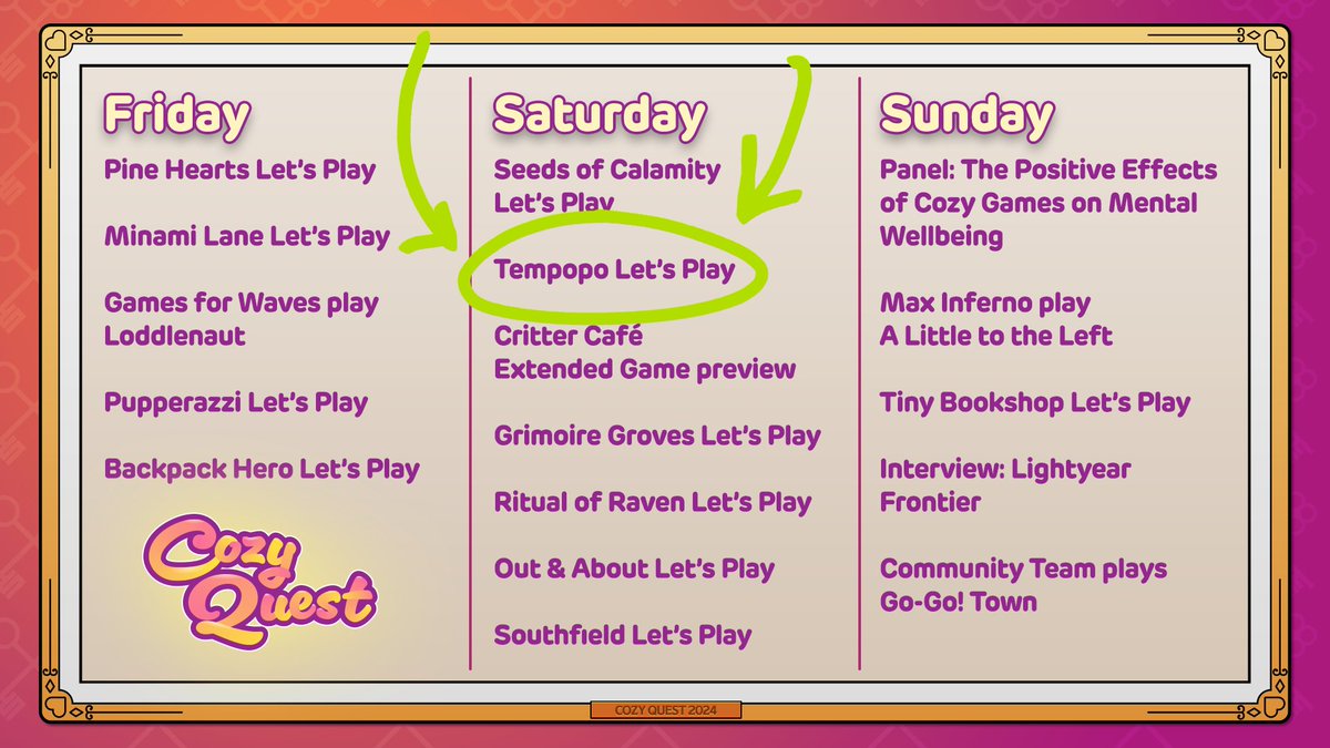 #CozyQuest is officially LIVE, and we're so excited to be part of the stream schedule on Saturday! 

Tune in 04:00 PT / 12:00 GMT / 22:00 AEST to watch us play! (and don't worry if it's too late, we'll share it afterwards)