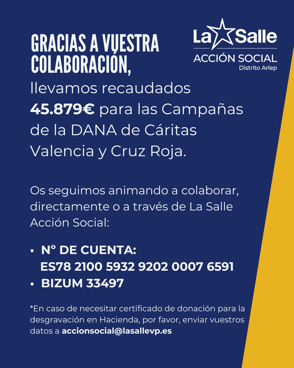 lasallelapaloma's tweet photo. Desde La Salle hemos recaudado más de 45 000 euros para los afectados por la dana, pero seguimos necesitando colaboración. Te animanos a sumarte a las campañas de Cáritas Valencia, Cruz Roja o de La Salle Acción Social.
Cuenta: IBAN ES78 2100 5932 9202 0007 6591
Bizum: 33497. https://t.co/UVKwMg52eX