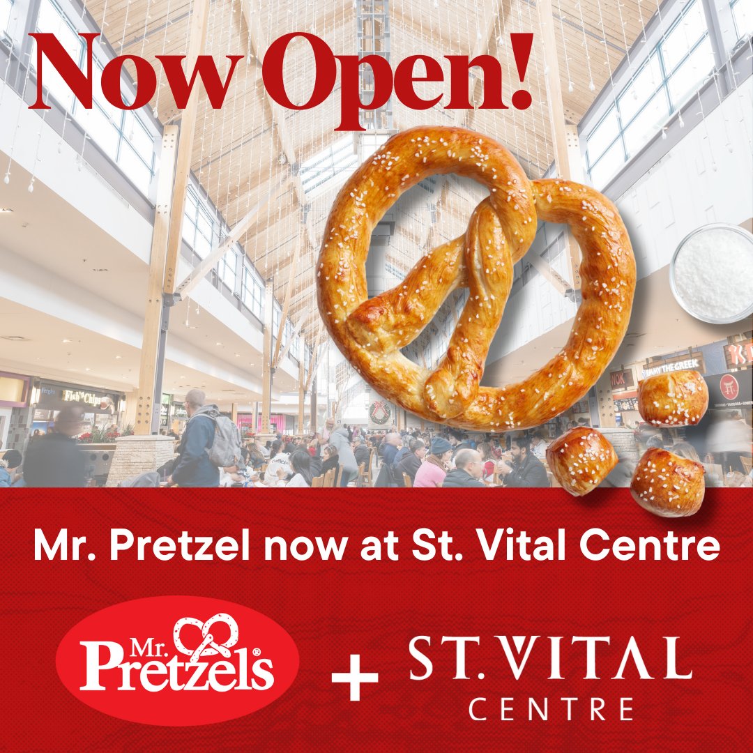 🥨Now Open! Mr. Pretzels has arrived at St. Vital Centre! Enjoy fresh, low-fat,   preservative-free pretzels packed with flavor. 🌎 Join the global fanbase and taste the magic! #MrPretzelsNowOpen #StVitalCentre   #FreshAndDelicious