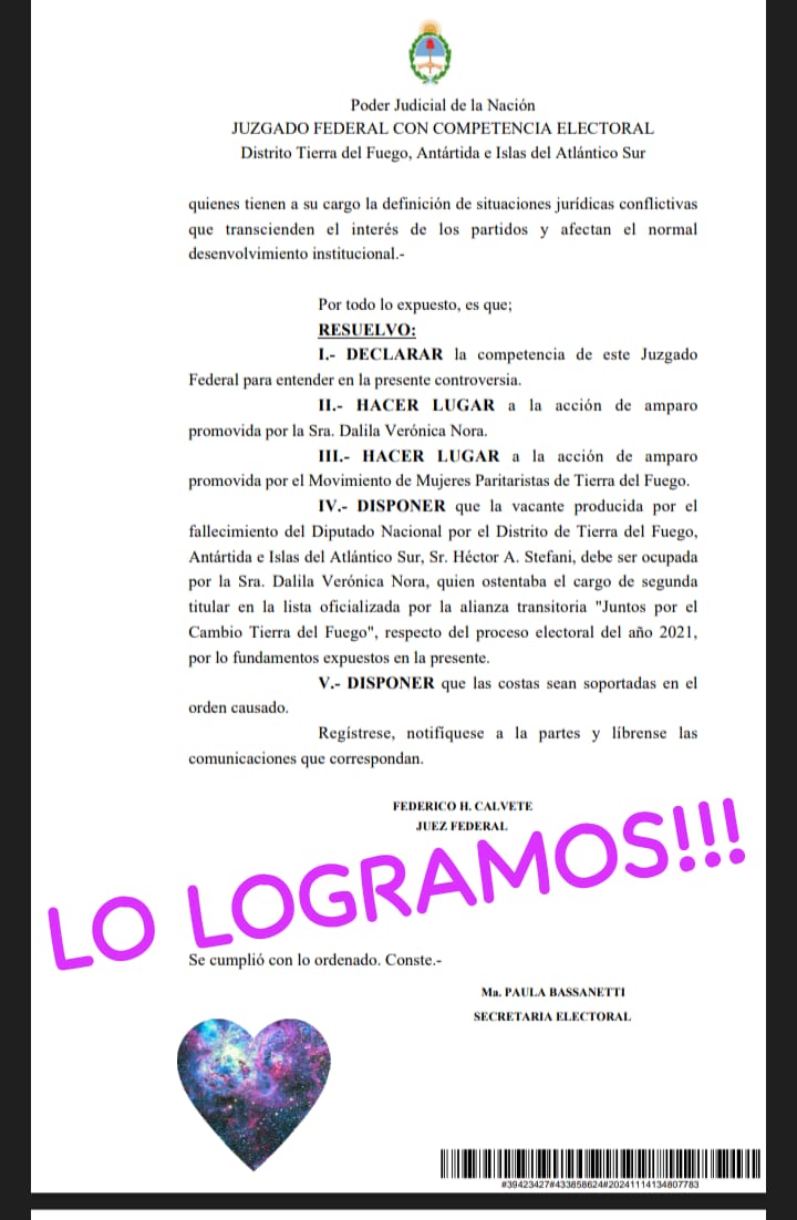 ¡HISTÓRICO!
La Justicia ordenó que la Dra. <a href="/DalilaNora_/">Dalila Verónica Nora</a> ocupe la banca en la Cámara de Diputados. 
El Movimiento de Mujeres Paritaristas de Tierra del Fuego celebra el fallo del juez Federico Calvete y su Secretaria la Dra. Paula Bassanneti. 

#RespetenLaParidad