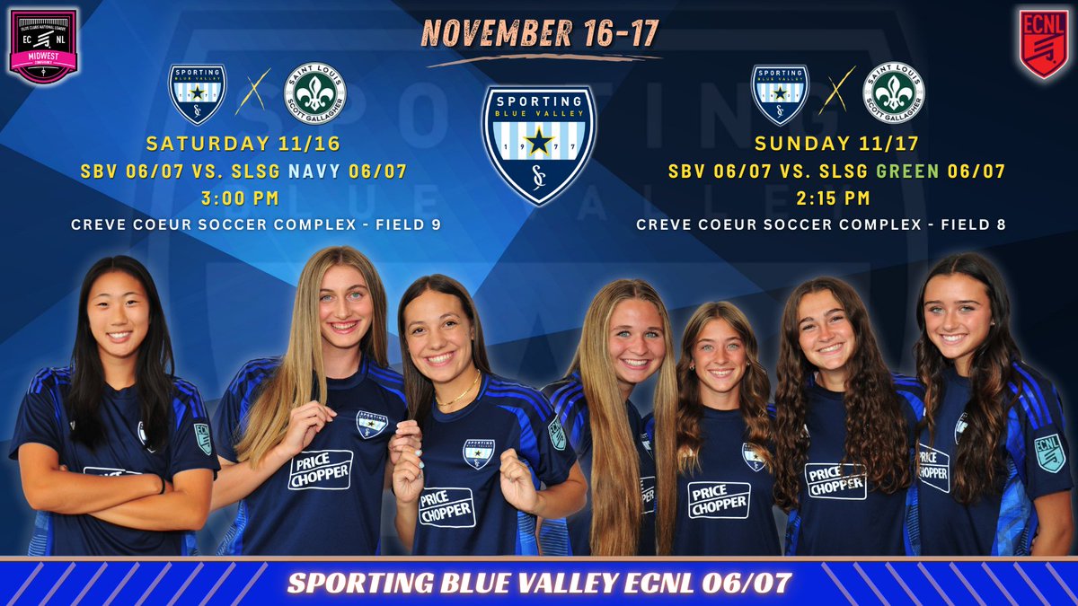 Sporting Blue Valley ECNL 06/07 (@sbv07) on Twitter photo ✨Weekend business trip to STL‼️🚗
BIG #ECNLMidwest matchups against top competition <a href="/SLSGECNLGirls/">SLSG ECNL Girls</a> Let's GO!😤
<a href="/ECNLgirls/">ECNL Girls</a> <a href="/ImYouthSoccer/">ECNL/GA/Recruiting/College Soccer</a> <a href="/SPORTINGBV/">SPORTING Blue Valley</a> @Prepsoccer <a href="/TopDrawerSoccer/">TopDrawerSoccer</a> <a href="/TheSoccerWire/">SoccerWire</a> <a href="/Smedley033/">Smedleys Soccer Site</a> <a href="/grtorres/">Guilherme Torres</a> <a href="/playing_sports/">Playing On Sports</a> <a href="/NcsaSoccer/">NCSA Soccer</a> <a href="/onlyGplatform/">The OG Platform</a> <a href="/JREskilson/">J.R. Eskilson</a> <a href="/ncsa/">NCSA College Recruiting</a> ✨Weekend business trip to STL‼️🚗
BIG #ECNLMidwest matchups against top competition <a href="/SLSGECNLGirls/">SLSG ECNL Girls</a> Let's GO!😤
<a href="/ECNLgirls/">ECNL Girls</a> <a href="/ImYouthSoccer/">ECNL/GA/Recruiting/College Soccer</a> <a href="/SPORTINGBV/">SPORTING Blue Valley</a> @Prepsoccer <a href="/TopDrawerSoccer/">TopDrawerSoccer</a> <a href="/TheSoccerWire/">SoccerWire</a> <a href="/Smedley033/">Smedleys Soccer Site</a> <a href="/grtorres/">Guilherme Torres</a> <a href="/playing_sports/">Playing On Sports</a> <a href="/NcsaSoccer/">NCSA Soccer</a> <a href="/onlyGplatform/">The OG Platform</a> <a href="/JREskilson/">J.R. Eskilson</a> <a href="/ncsa/">NCSA College Recruiting</a>