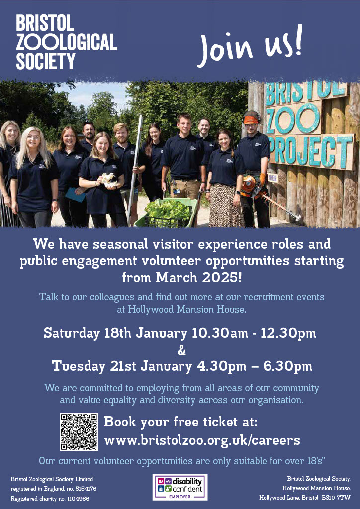 Come along to our January recruitment events to find out what it’s like to work at Bristol Zoological Society! 🦒

📅 18 &amp; 21 January
❓ Seasonal visitor experience roles and public engagement volunteer opportunities
✏️ Find out more and book your place at bristolzoo.org.uk/recruitment-ev…
