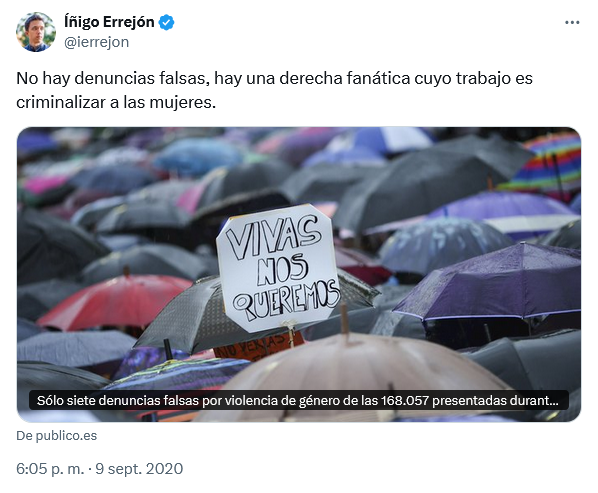 Errejón 2020: "No existen las denuncias falsas".
Errejón 2024: acusa a Elisa Mouliaá de denuncia falsa.