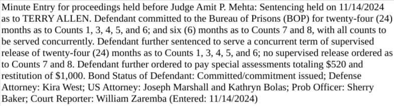 sfoguj's tweet image. SENTENCING: Judge Mehta sentences Terry Allen to 24 months/24 months SR.  Govt ask was 70 months/36 months. Defendant REMANDED to custody of the Marshals.