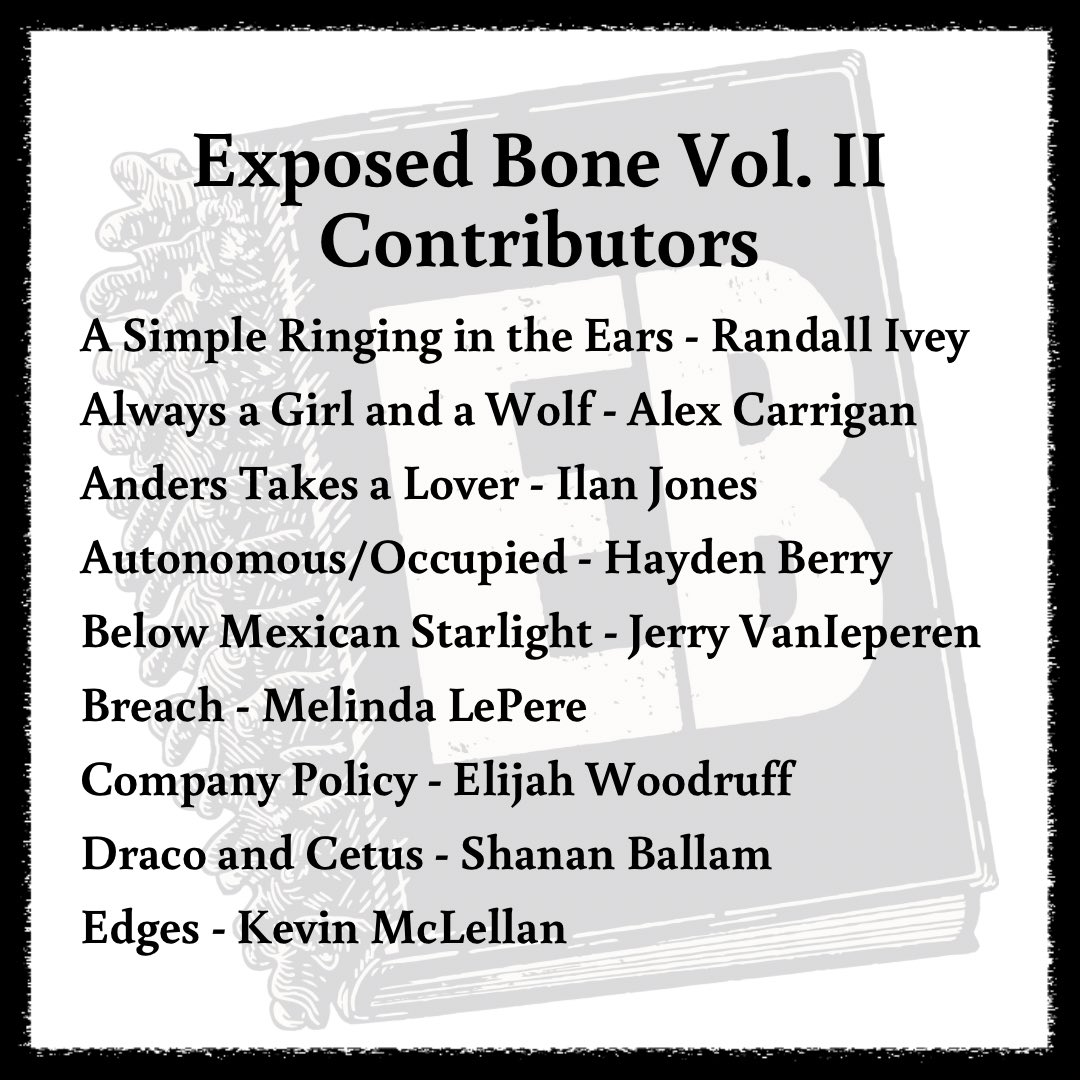 bone_exposed's tweet photo. The Exposed Bone Vol. II ToC is here! This issue features a slew of new names to EB whose work we are so excited to share with all you Bones in the Pile! https://t.co/GX8i12B03Z