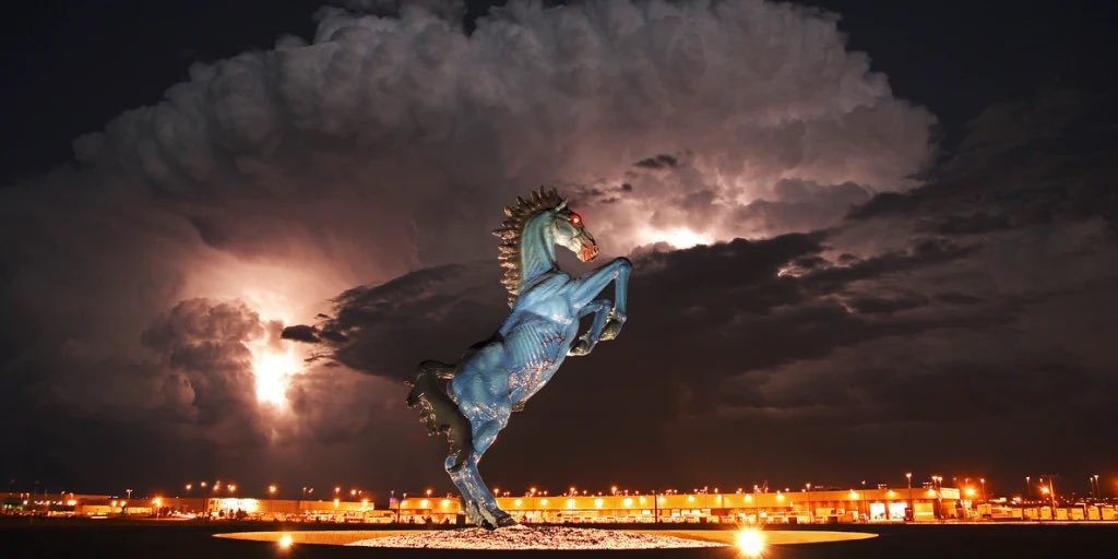 psauer's tweet photo. Another fun fact about the Denver airport: the famous horse statue out front killed its creator. 

During construction part of it fell and severed an artery in the creator’s leg leading to his death. The sculpture was completed posthumously and now looms as a striking—and eerie—landmark.
