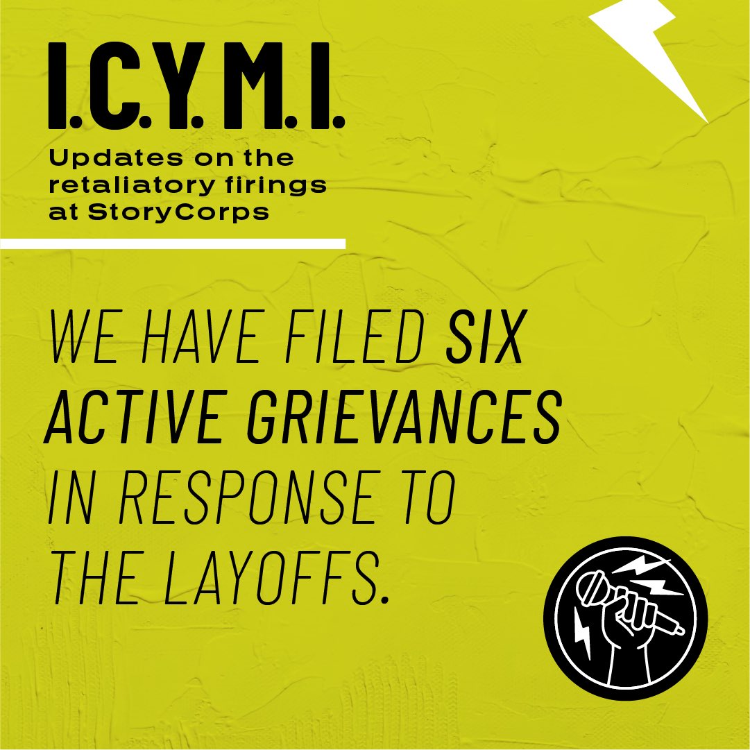 StoryCorpsUnion's tweet photo. On 10/22, StoryCorps laid off 5 union members with no notice. This included a longtime shop steward and members who recently filed grievances. We’re calling for StoryCorps to stop its actions against  CWA Local 1180 members and reinstate employees who were laid off in retaliation https://t.co/9eT66B7S19
