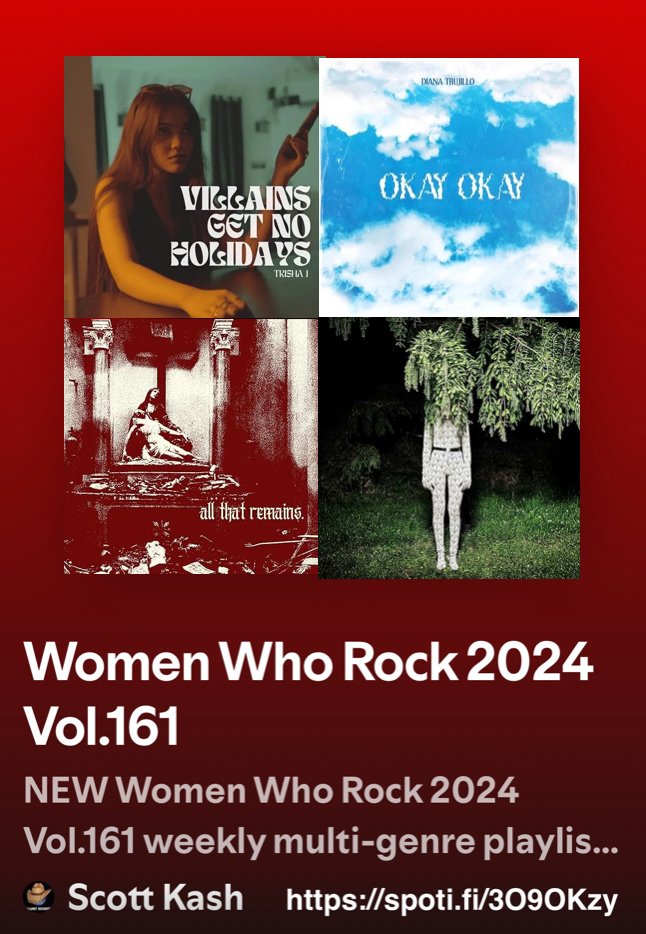 Scott Kash (@scottkash88) on Twitter photo NEW #WomenWhoRock a multi-genre playlist Vol.161 with the best #newmusic
<a href="/trishajmusic/">Trisha J</a>
#DianaTrujillo
<a href="/hellhotelband/">HELL HOTEL</a>
<a href="/SaintStacyMusic/">Saint Stacy</a>
#IndiaThieriot
#NaomiStoneMusic
<a href="/CassandraKub/">Cassandra Kubinski</a>/#EthanTarasov
#SophiaJoelle
+MORE
#Spotify
spoti.fi/3O9OKzy
#NewMusic2024 #MultiGenre NEW #WomenWhoRock a multi-genre playlist Vol.161 with the best #newmusic
<a href="/trishajmusic/">Trisha J</a>
#DianaTrujillo
<a href="/hellhotelband/">HELL HOTEL</a>
<a href="/SaintStacyMusic/">Saint Stacy</a>
#IndiaThieriot
#NaomiStoneMusic
<a href="/CassandraKub/">Cassandra Kubinski</a>/#EthanTarasov
#SophiaJoelle
+MORE
#Spotify
spoti.fi/3O9OKzy
#NewMusic2024 #MultiGenre