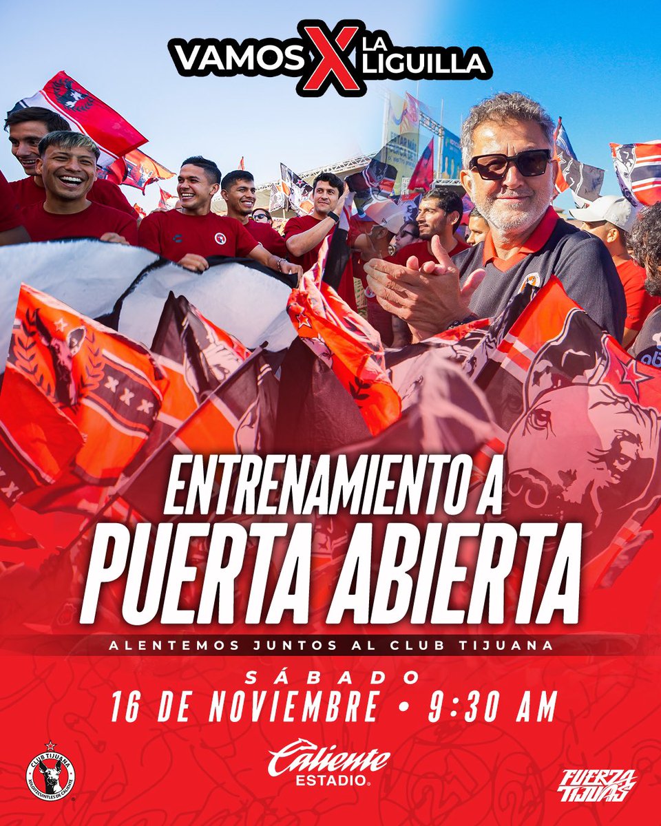 Xolos's tweet photo. ¡Este sábado la cancha del Mictlán se pinta de rojo y negro contigo! ❤️🖤

Te esperamos en el entrenamiento abierto al público, un momento perrón para convivir y sentir el apoyo que nos llevará a la siguiente fase. ¡Juntos Vamos X la liguilla!

#FuerzaTijuas 🐕 https://t.co/bncEqkFc0i