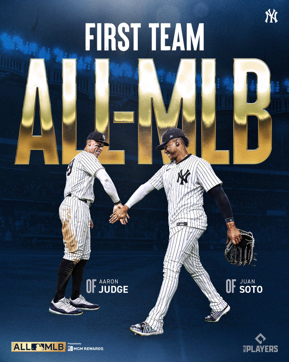 Yankees's tweet photo. Congrats to Aaron Judge and Juan Soto on being named to the All-MLB First Team 🔥 https://t.co/sk4c3kmy0C
