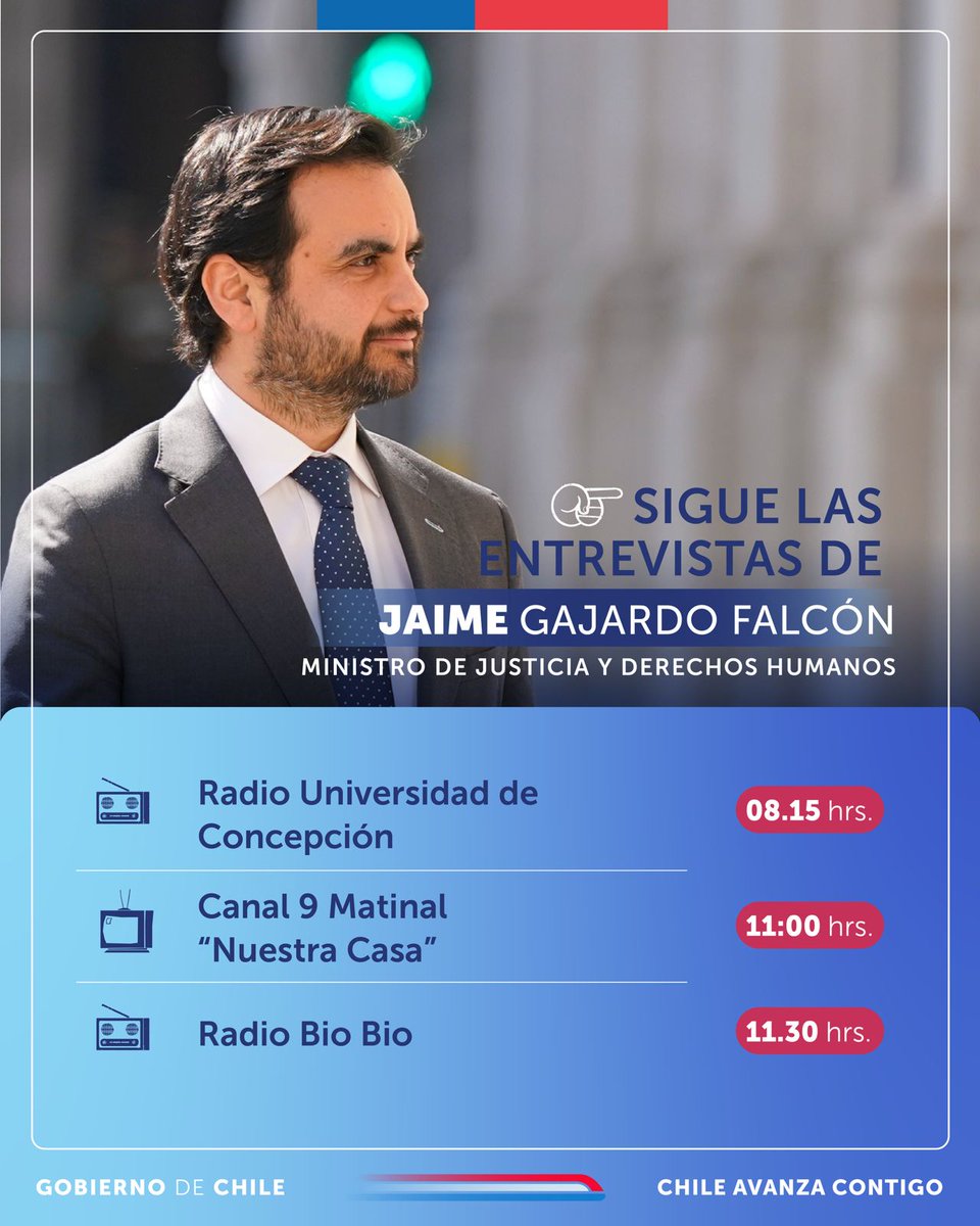 MinjuDDHH's tweet photo. ¡Comenzamos la mañana en la Región del Biobío! ☀️

Acompaña al ministro de Justicia y Derechos Humanos, Jaime Gajardo Falcón, en las entrevistas de hoy, en donde estará informando los últimos avances del @MinjuDDHH.

Conoce aquí los horarios👇🏼 https://t.co/NVWJ5SnQWI