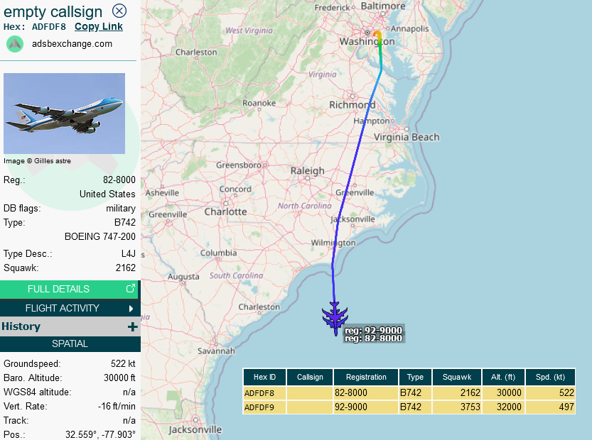 SirListenalot's tweet photo. Nov14 1710z #B742 / #VC25 #ADFDF9 #AF1 (Air Force One) & #ADFDF8 #SAM46 en route Andrews - Lima, Peru https://t.co/PVgcRL0r4k
