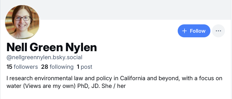 Hi California water people.  

I'm moving on over to Bluesky, where I'm @nellgreennylen.bsky.social.  Hope to see you there!