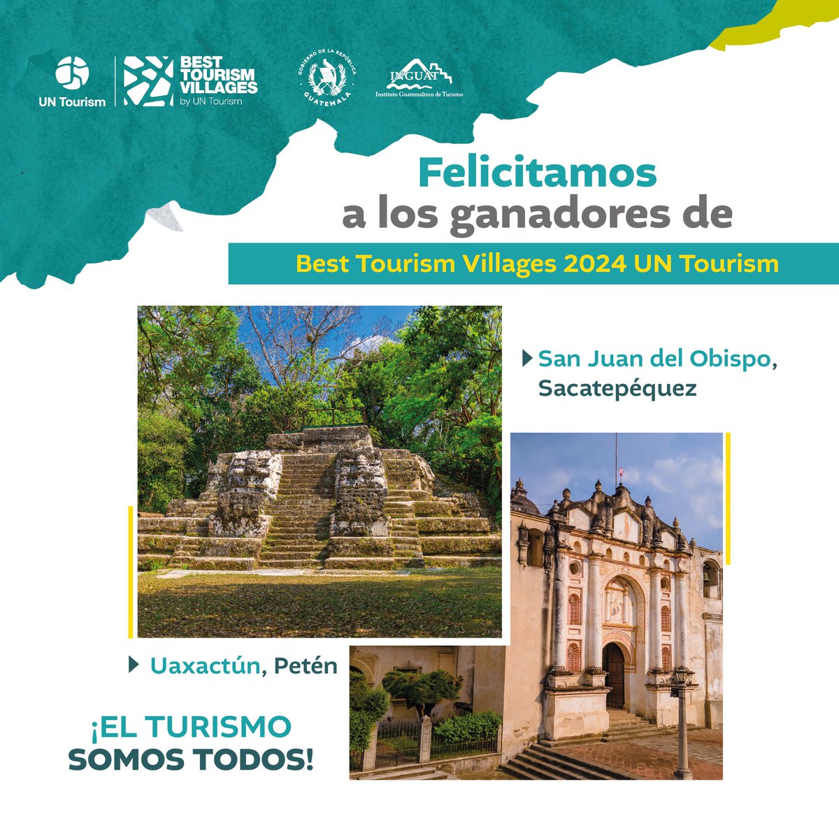 🇬🇹💙 ¡Celebremos en grande! 
Uaxactún (Petén) y San Juan del Obispo (Sacatepéquez) han sido galardonados como Best Tourism Villages 2024 por la ONU Turismo. 

¡Felicidades a estos dos pueblos que hoy ponen en alto el nombre de Guatemala! 👏

#BestTourismVillage #TurismoSomosTodos