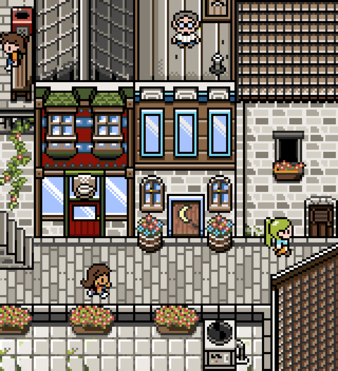 LoamBrownGames's tweet photo. Finished the outside of the coffee-shop! This is just a mock up of what town might look like. I'm still not sure how I feel about the Victorian vibe. I might go full stone. But it's kinda gonna define the game, so let me know what you think. And happy Thursday!

#pixelart #GAMEBOY #indiegame #gameboycolor