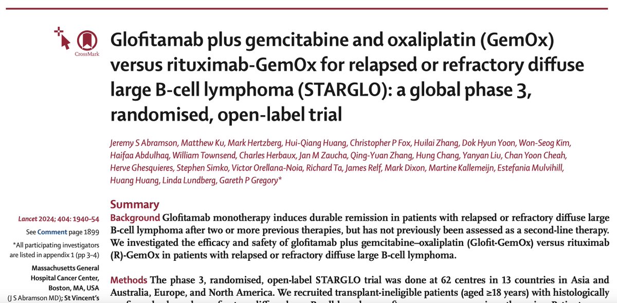 Chan Cheah (@chanyooncheah) on Twitter photo the practice changing STARGLO phase 3 trial demonstrating OS superiority for glofitamab-GemOx over R-GemOx in r/r DLBCL published today in
<a href="/TheLancet/">The Lancet</a>
erudite commentary from
<a href="/AnnaSureda5/">Anna Sureda</a>
<a href="/AstridPavlovsky/">Astrid Pavlovsky</a>
#lymSMfree access via this link: authors.elsevier.com/c/1k60aV-4XOujG the practice changing STARGLO phase 3 trial demonstrating OS superiority for glofitamab-GemOx over R-GemOx in r/r DLBCL published today in
<a href="/TheLancet/">The Lancet</a>
erudite commentary from
<a href="/AnnaSureda5/">Anna Sureda</a>
<a href="/AstridPavlovsky/">Astrid Pavlovsky</a>
#lymSMfree access via this link: authors.elsevier.com/c/1k60aV-4XOujG