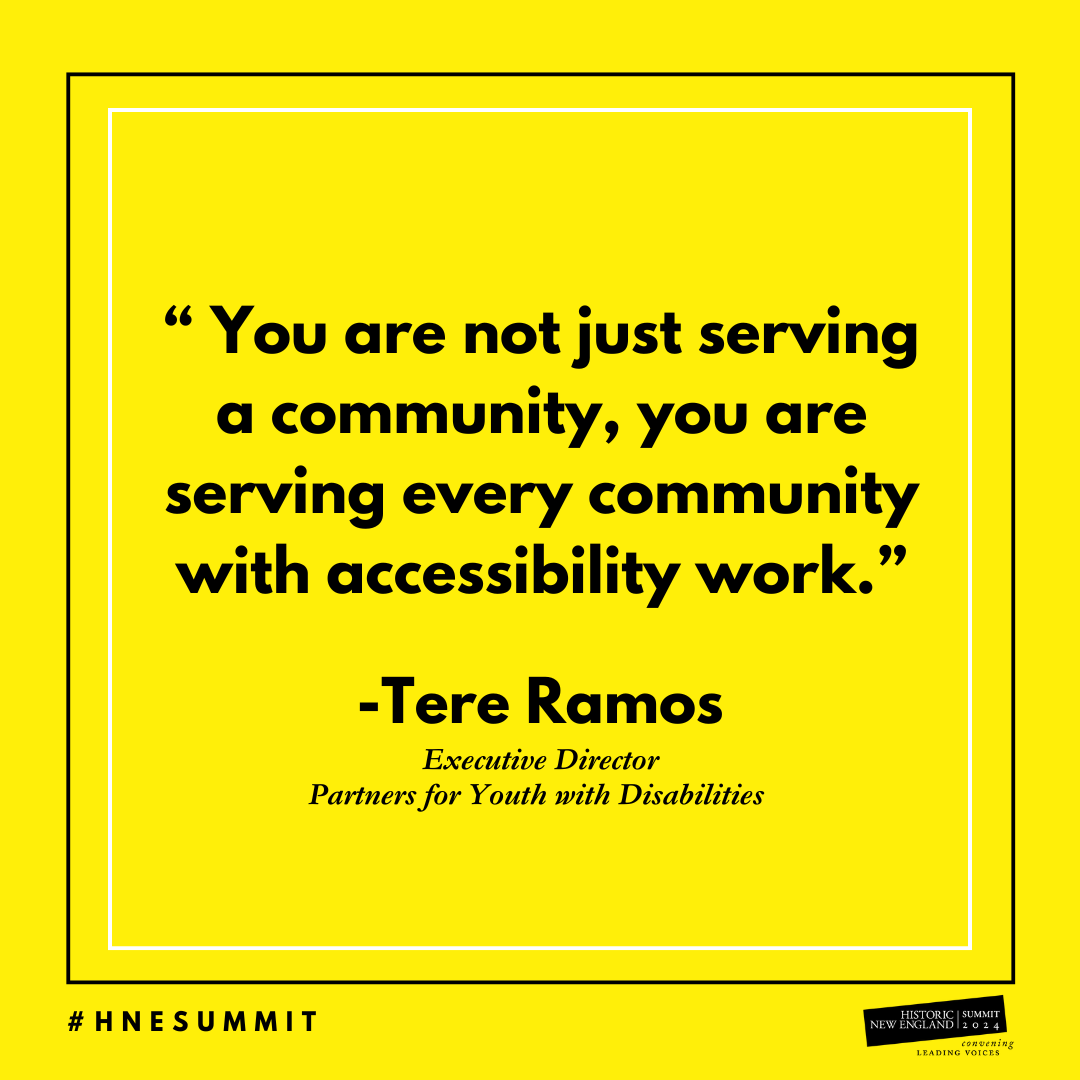 On the Summit stage: Tere Ramos, Executive Director of @pydprograms shares her personal story, and her continued dedication to advocating for children, teens, and adults with disabilities. 
•
#HNESummit #HistoricNewEngland #Portland #Maine