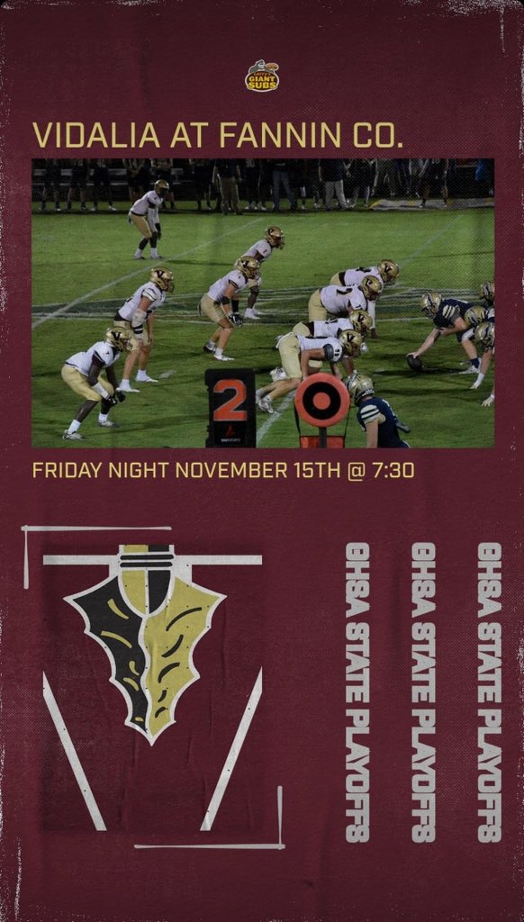 FootballVidalia's tweet photo. #32 seed Indians travel to Blue Ridge to take on the #1 seed Rebels tomorrow night at 7:30! Would love to see the fans make a trip up to the mountains to cheer on VHS! #RepTheV #VOnTop #StatePlayoffs https://t.co/YZpCFmVfwu