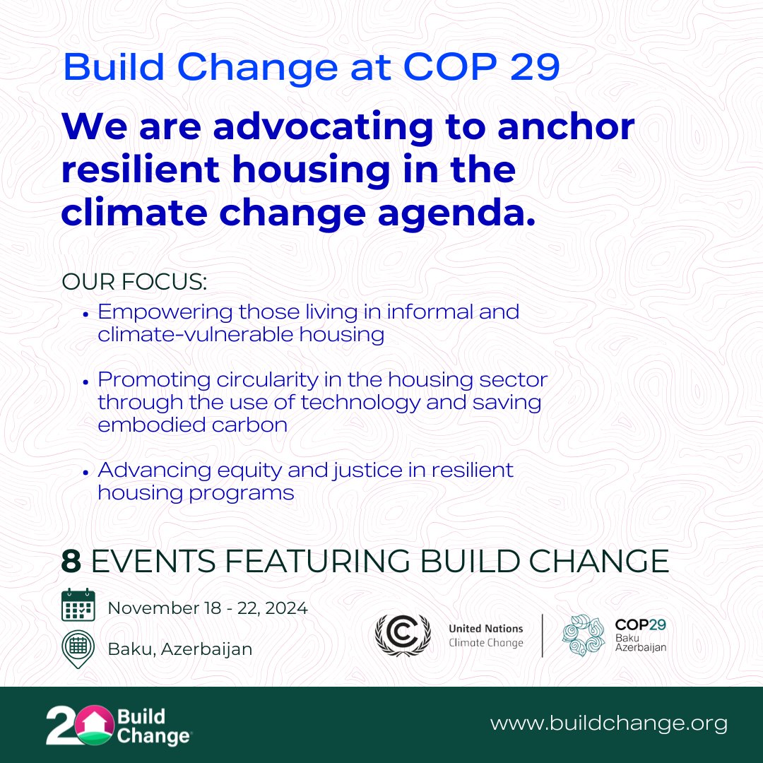 uild Change is determined to put resilient housing at the center of the #COP29 conversation on climate. But we can’t do it alone. We need you.

Join us  ow.ly/G6P550U7tar

 #ClimateAction #ResilientHousing #SustainableDevelopment #ClimateCrisis