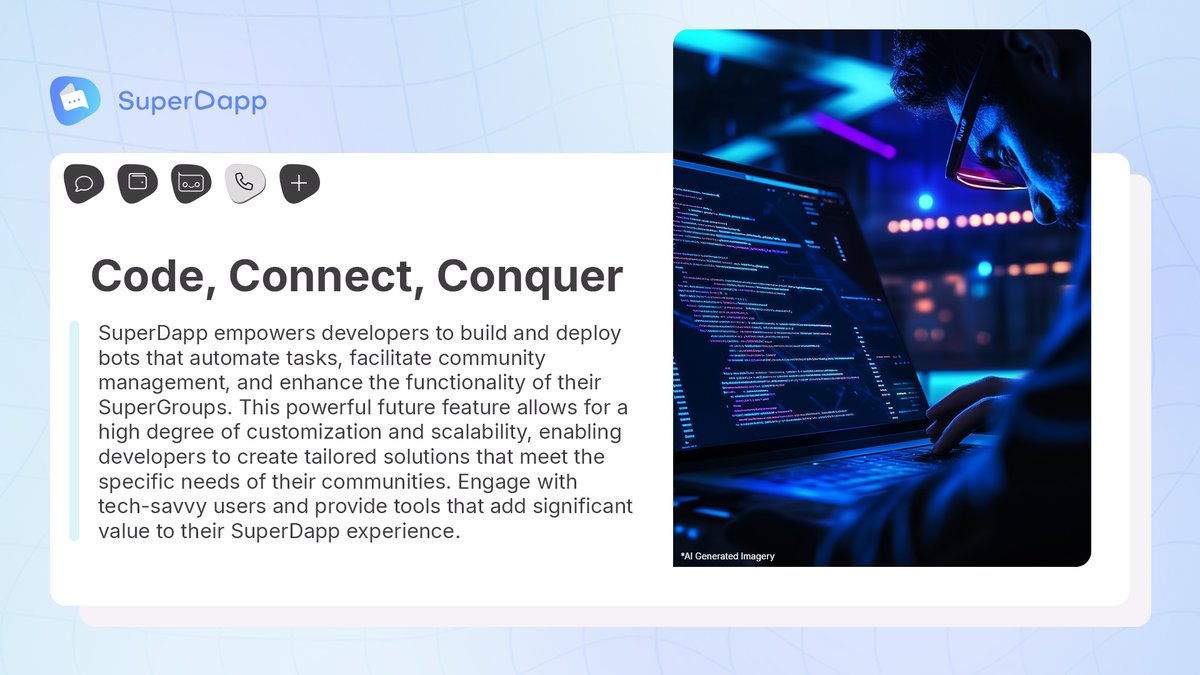 SuperDappAI's tweet image. Tools designed for scalability and customization 💻

#SuperDapp enables developers to build bots, automate tasks, and enhance their #SuperGroups with tailored solutions for scalable and efficient engagement.

All of this is waiting for you at Web.SuperDapp.ai 🌐
