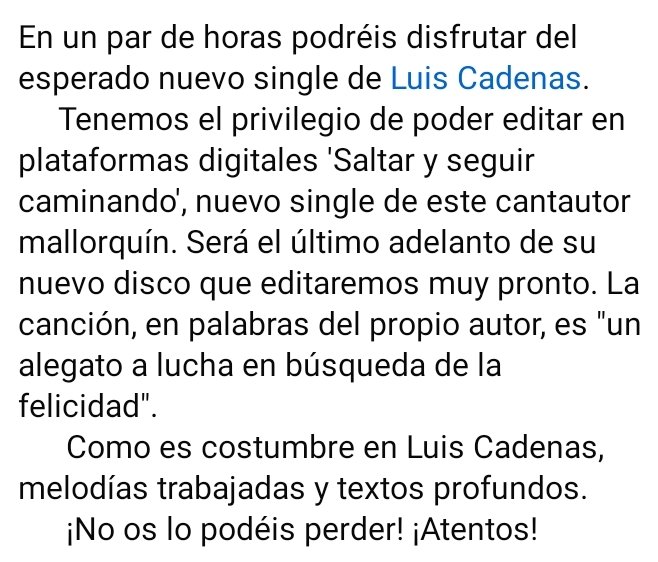 En hora y media podréis disfrutar del nuevo single de <a href="/luiscadenasrock/">luis cadenas</a>
Tenemos el privilegio de poder editar en plataformas digitales 'Saltar y seguir caminando', nuevo single de este cantautor mallorquín y último adelanto de su nuevo disco.
Os dejamos info, no os lo perdáis!👇🏻