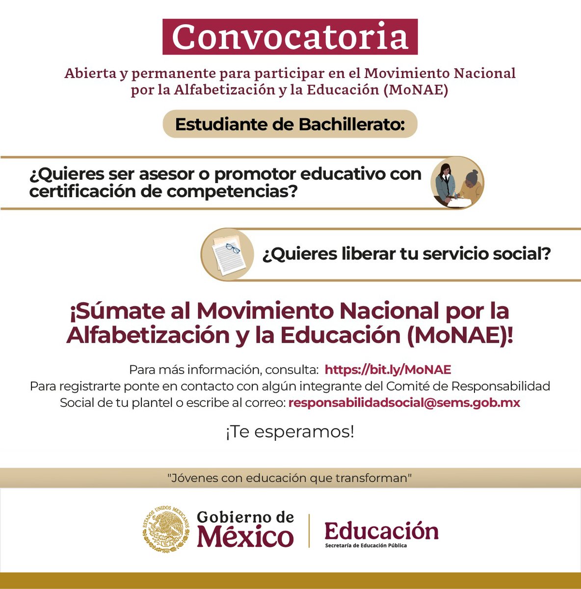SEP_mx's tweet photo. ¿Cursas #EducaciónMediaSuperior? 📘 ¡Participa en #MONAE y libera tu servicio social mientras ayudas a tu comunidad! 📚
Consulta todos los detalles aquí 👉🏼 https://t.co/HRT3oY6gL6 https://t.co/T28uTV1j1T