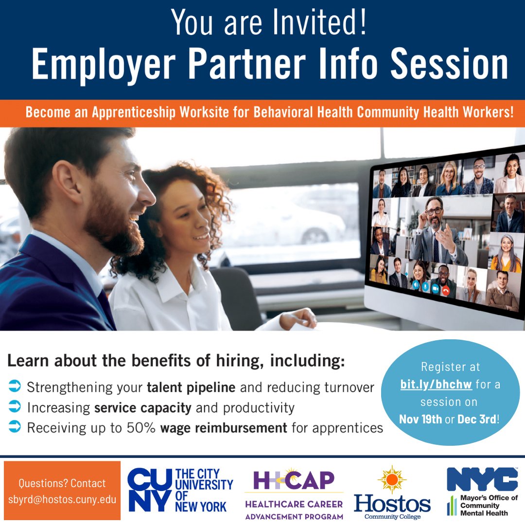 NYC Mayorβs Office of Immigrant Affairs (@nycimmigrants) on Twitter photo Calling nonprofit employers! Join an info session on 11/19 or 12/3 to learn about hiring community health worker #apprentices & expanding your #behavioralhealth workforce in partnership with <a href="/MentalHealthNYC/">Mayor's Office of Community Mental Health</a>, <a href="/HostosCollege/">Hostos College</a>, <a href="/CUNY/">The City University of New York</a>, & <a href="/HCAPinc/">H-CAP</a>. Register: bit.ly/bhchw Calling nonprofit employers! Join an info session on 11/19 or 12/3 to learn about hiring community health worker #apprentices & expanding your #behavioralhealth workforce in partnership with <a href="/MentalHealthNYC/">Mayor's Office of Community Mental Health</a>, <a href="/HostosCollege/">Hostos College</a>, <a href="/CUNY/">The City University of New York</a>, & <a href="/HCAPinc/">H-CAP</a>. Register: bit.ly/bhchw
