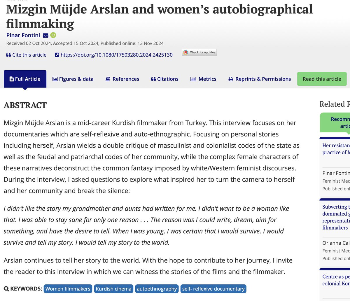 ridiculesublime's tweet photo. https://t.co/J1VI0a5Ypx

Hello friends. If you're interested in women's storytelling, Kurdish cinema or first-person documentary, please check out the paper published the other day.
With special thanks to Mizgin Müjde Arslan. https://t.co/2bEDCOaHDz