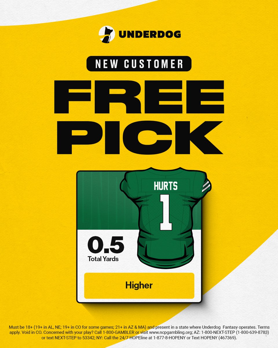 UnderdogNFL's tweet image. QBs with at least 10 rushing TDs in a team&apos;s first 9 games:

Kyler Murray (2020)
JALEN HURTS (2024)

Sign up on Underdog with promo code News and cash a free pick if Jalen Hurts has more than 1 yard tonight.

play.underdogfantasy.com/p-underdog-news