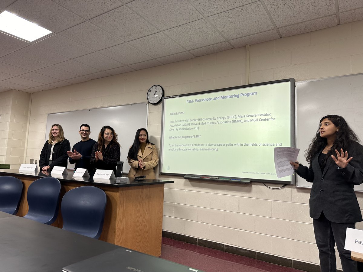 harvardmpa1's tweet photo. Thrilled to share that our outreach committee along with MGH PDA and MGH CDI hosted a panel for Bunker Hill Community college students! 
Our panelists—from different stages of their science journeys—shared stories, insights, and advice about navigating their careers in research. https://t.co/HvhzeoIRdg