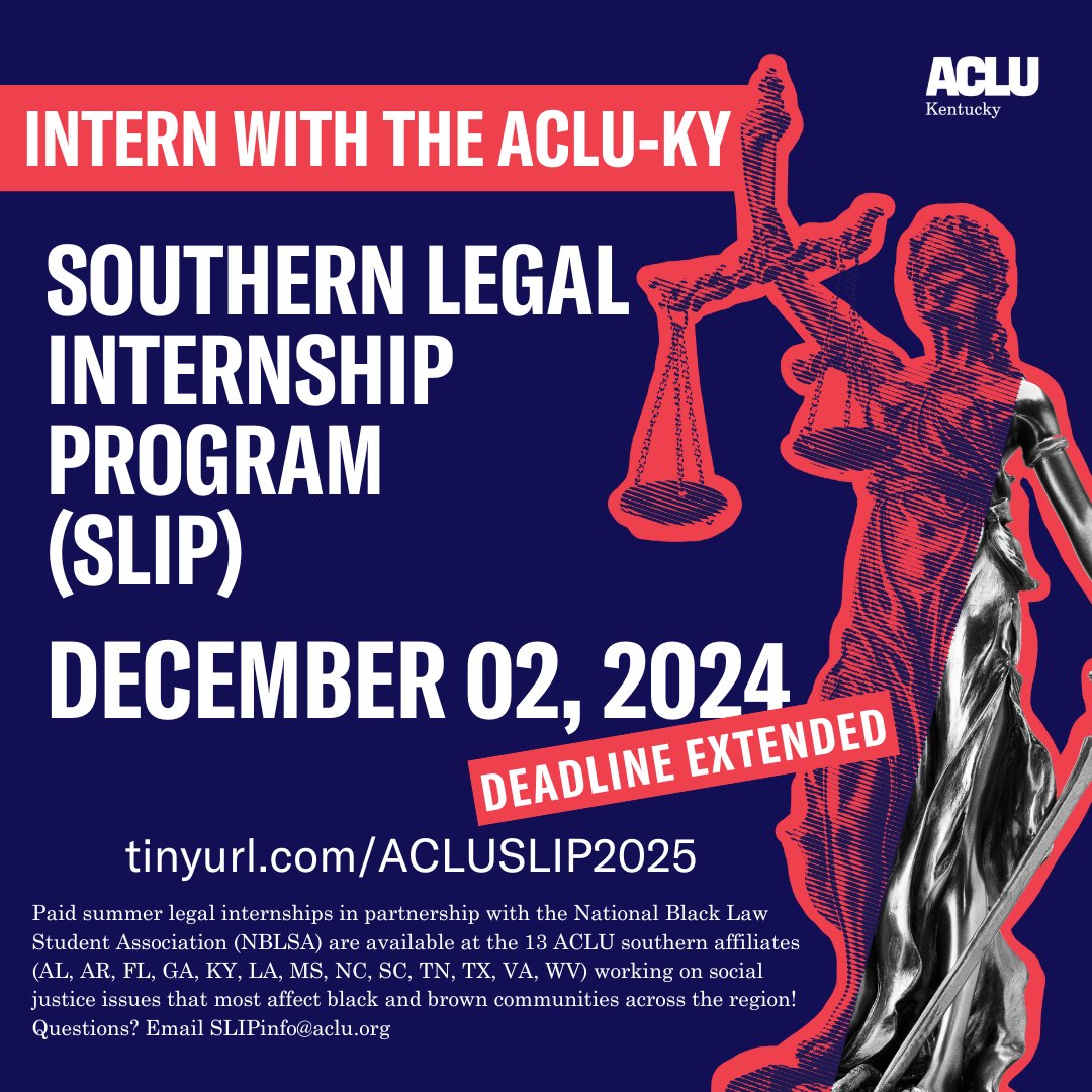 ACLUofKY's tweet image. We have extended the deadline for applications to our SLIP internship to December 2!
bit.ly/3YZGUi4