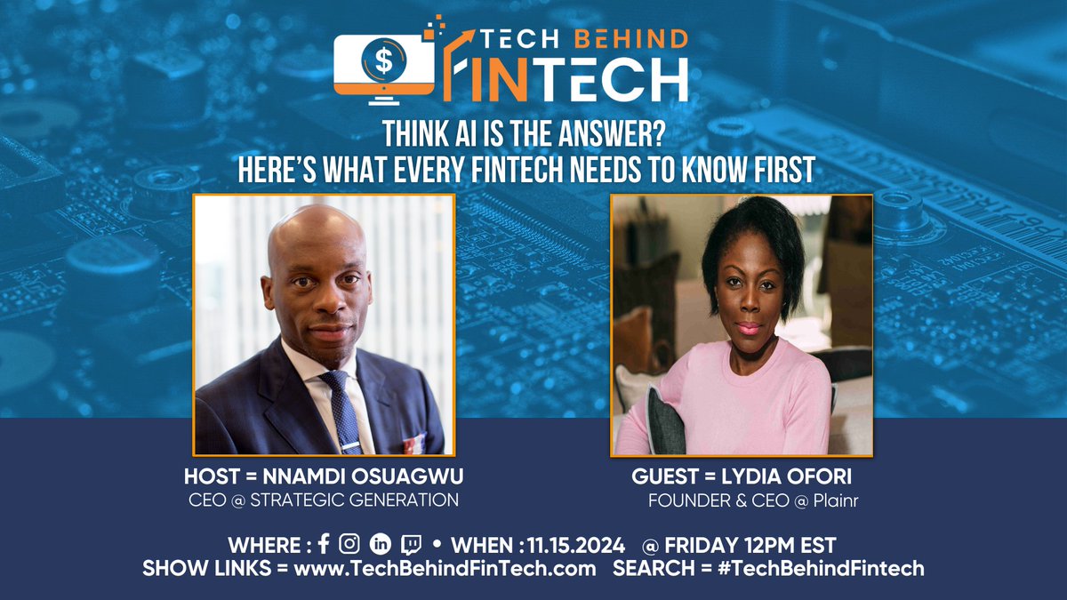 "Think AI Is the Answer? Here’s What Every Fintech Needs to Know First," airing live on Friday, Nov 15th @ 12 PM EST. Our guest, <a href="/lydia_ofori/">Lydia Ofori,CFA,CAIA</a>, CEO of <a href="/weareplainr/">Plainr</a>
youtube.com/watch?v=h7BiCm…
#TechBehindFinTech #Plainr #AIinFinance #FintechInnovation #AIinFinance #StrategicGeneration