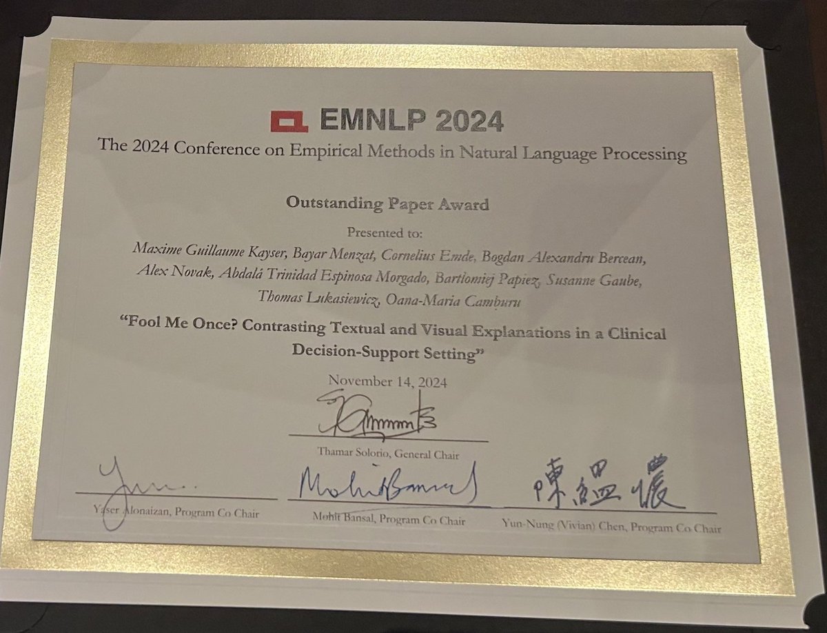 Oana-Maria Camburu (@oanacamb) on Twitter photo 🥳🎉Incredibly happy that our paper received an ✨Outstanding Paper Award✨ at #EMNLP2024!
Huge congrats particularly to <a href="/maximek3/">Maxime Kayser</a>, who did an incredible job! So lucky to have you as my student!
Check out our paper below ⬇️ 🥳🎉Incredibly happy that our paper received an ✨Outstanding Paper Award✨ at #EMNLP2024!
Huge congrats particularly to <a href="/maximek3/">Maxime Kayser</a>, who did an incredible job! So lucky to have you as my student!
Check out our paper below ⬇️
