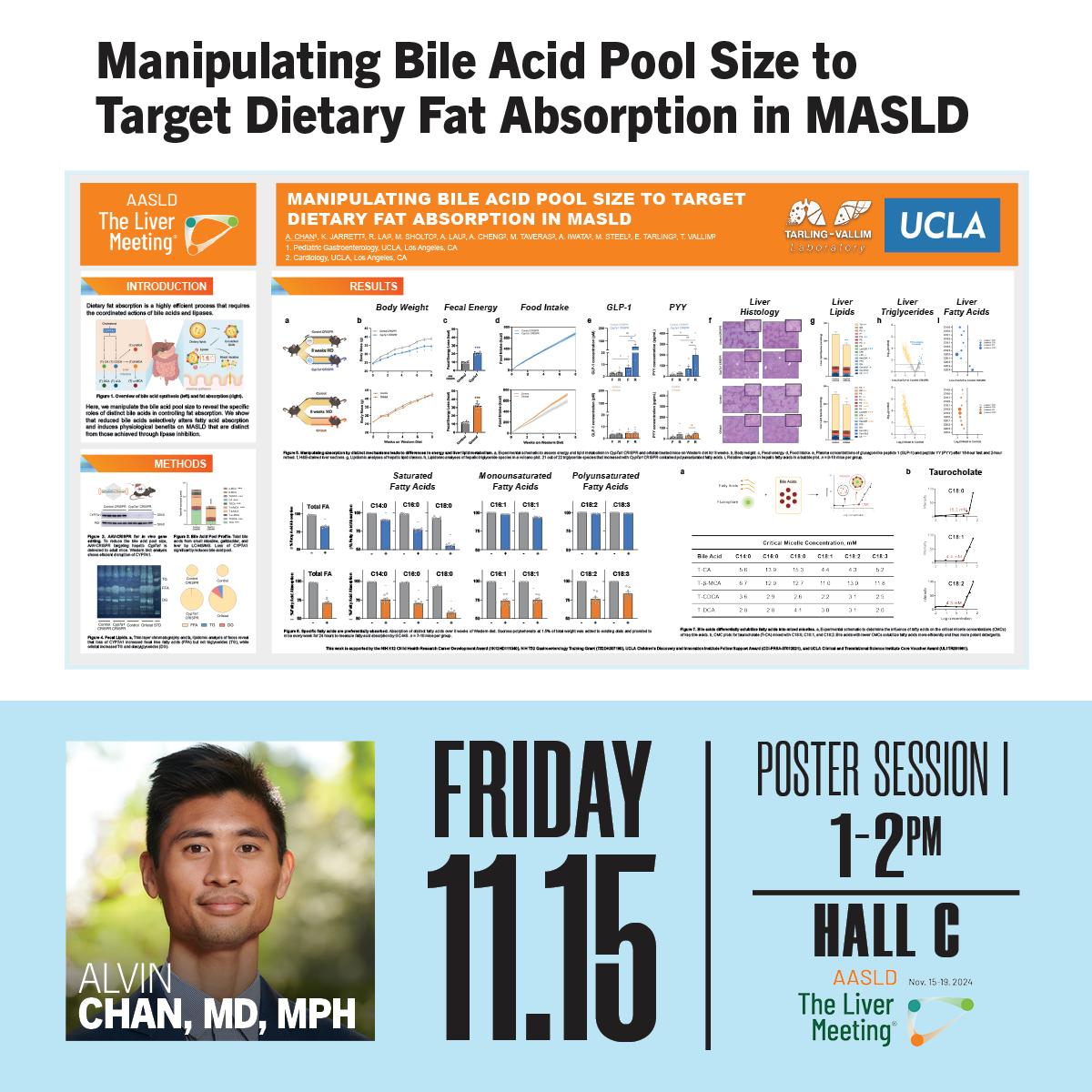 UCLA Gastroenterology and Hepatology (@uclagihep) on Twitter photo #TLM24 Poster! Friday, November 15, 1–2 pm
Manipulating Bile Acid Pool Size to Target Dietary Fat Absorption in #MASLD
🌟Alvin Chan, MD, MPH (<a href="/alvinpchan/">Alvin Chan MD MPH</a>)
👥<a href="/DrKelseyJarrett/">Kelsey Jarrett, Ph.D.</a> R Lai M Brearley-Sholto A Lau A Cheng M Taveras A Iwata M Steel <a href="/TarlingVallim/">The Tarling-Vallim Lab</a> #TLM24 Poster! Friday, November 15, 1–2 pm
Manipulating Bile Acid Pool Size to Target Dietary Fat Absorption in #MASLD
🌟Alvin Chan, MD, MPH (<a href="/alvinpchan/">Alvin Chan MD MPH</a>)
👥<a href="/DrKelseyJarrett/">Kelsey Jarrett, Ph.D.</a> R Lai M Brearley-Sholto A Lau A Cheng M Taveras A Iwata M Steel <a href="/TarlingVallim/">The Tarling-Vallim Lab</a>