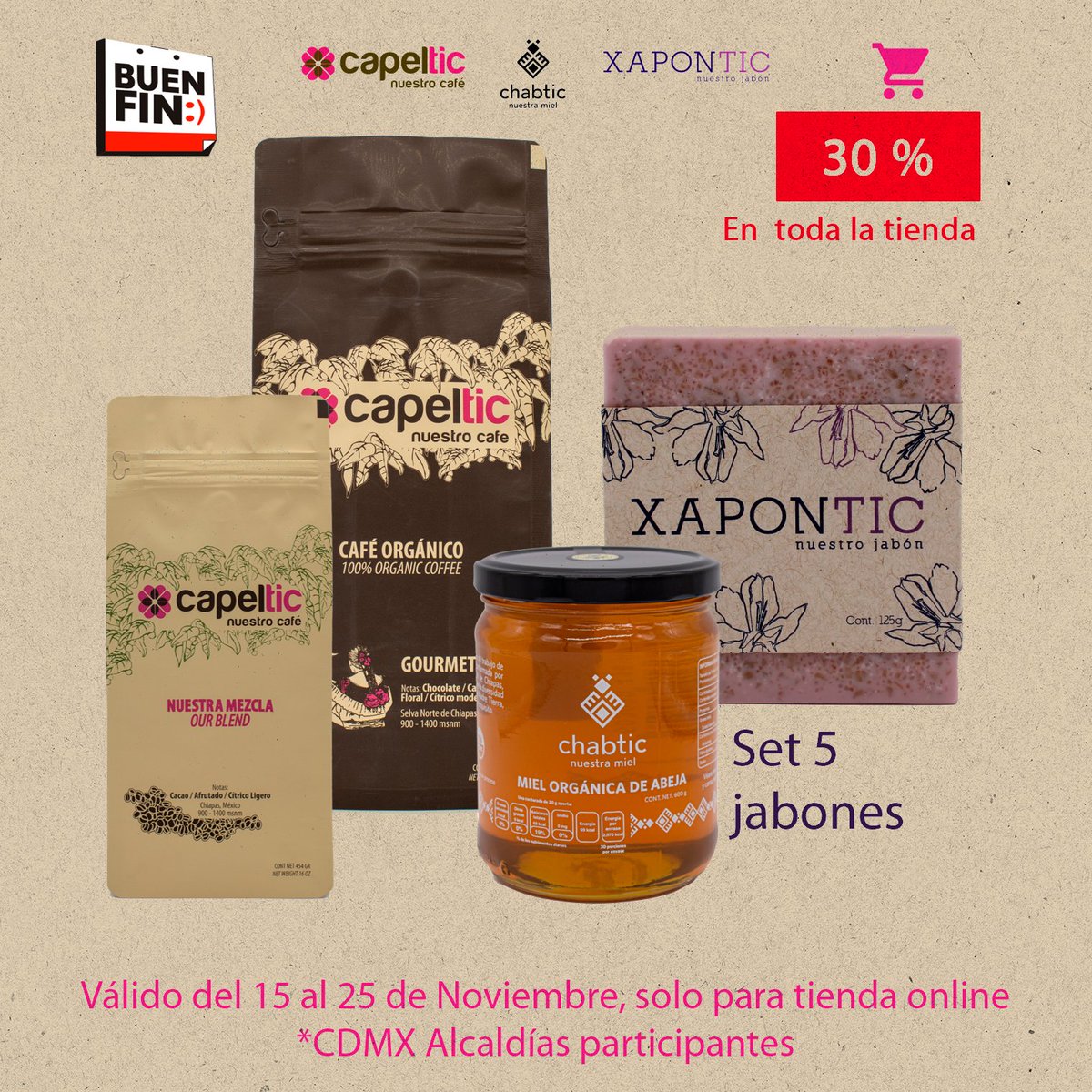 Capeltic's tweet photo. ¿Vives en la CDMX? Aprovecha descuentos exclusivos en nuestra tienda en línea Ahí, además de encontrar nuestro café ☕,
encontrarás productos hermanos:
Chabtic - Deliciosa miel orgánica 🍯
@Xapontic - Jabones artesanales 🫧

https://t.co/OsSeTpYpQy https://t.co/0GDO5zDus3