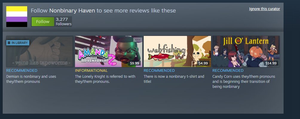 Trinket_Games's tweet photo. @nochistudios Oh hey, this guy not-rec'd my game too! The funny thing is that this isn't even their words, they copy-pasted it from an NB-centric curator https://t.co/3Aotycy19C
